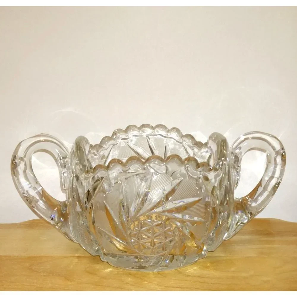 Antique American Brilliant Cut Crystal Hobstar Double Handled Sugar Bowl